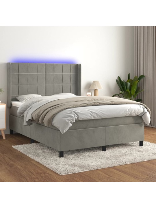 Box spring postel s matrací a LED světle šedá 140x200 cm samet