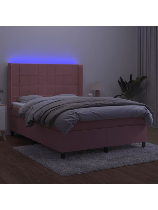 Box spring postel s matrací a led růžová 140x200 cm samet