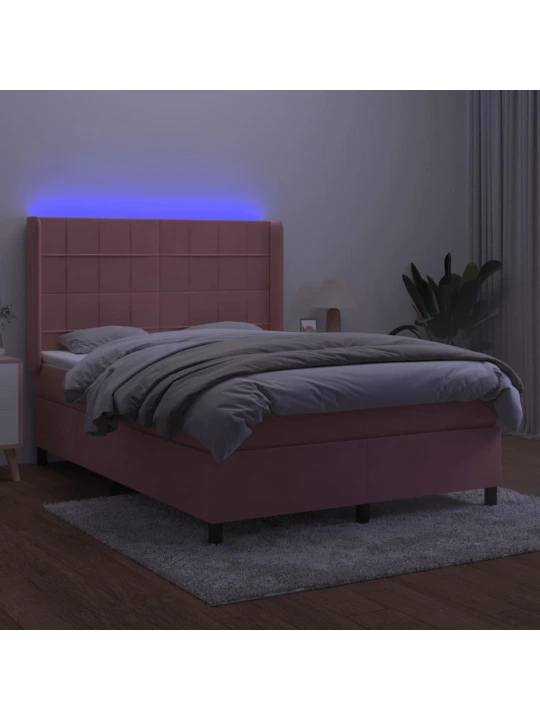 Box spring postel s matrací a led růžová 140x200 cm samet