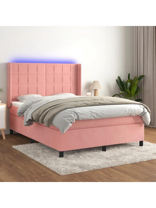 Box spring postel s matrací a led růžová 140x200 cm samet