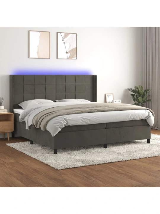 Box spring postel s matrací a LED tmavě šedá 200x200 cm samet