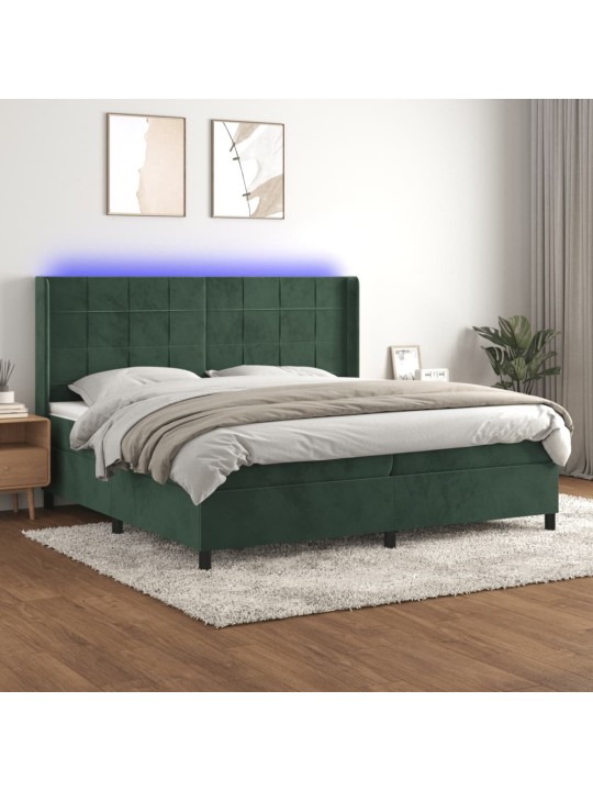 Box spring postel s matrací a LED tmavě zelená 200x200 cm samet