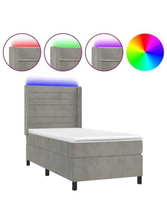 Box spring postel s matrací a LED světle šedá 90x190 cm samet