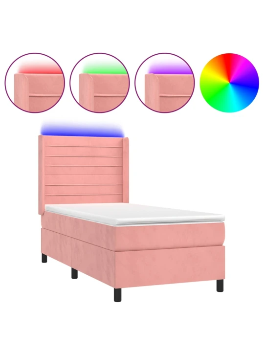 Box spring postel s matrací a LED růžová 90x200 cm samet