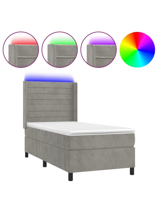 Box spring postel s matrací a LED světle šedá 100x200 cm samet