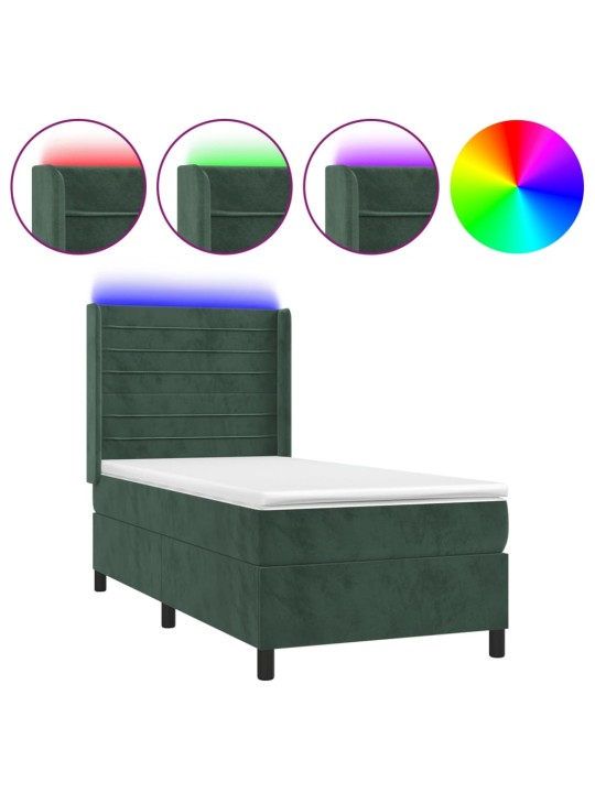 Box spring postel s matrací a LED tmavě zelená 100x200 cm samet