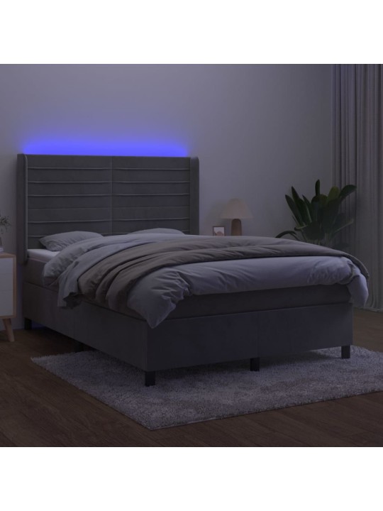 Box spring postel s matrací a LED světle šedá 140x190 cm samet