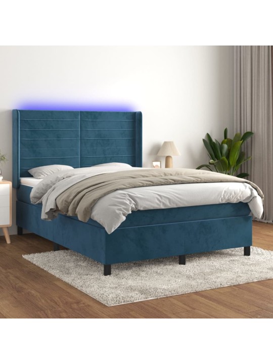 Box spring postel s matrací a led tmavě modrá 140x190 cm samet