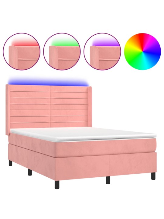 Box spring postel s matrací a led růžová 140x190 cm samet
