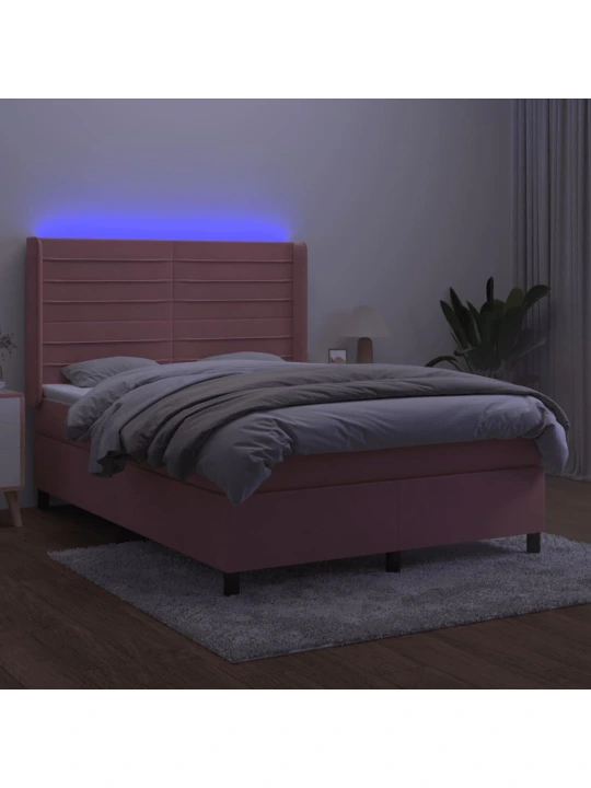 Box spring postel s matrací a led růžová 140x190 cm samet