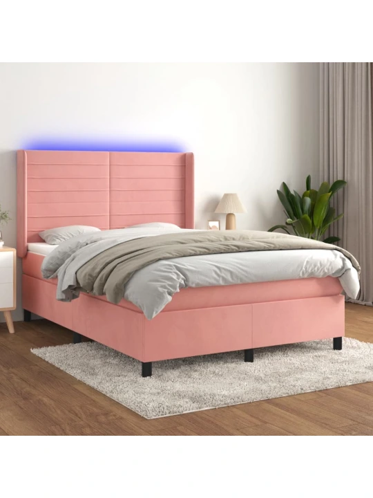 Box spring postel s matrací a led růžová 140x190 cm samet