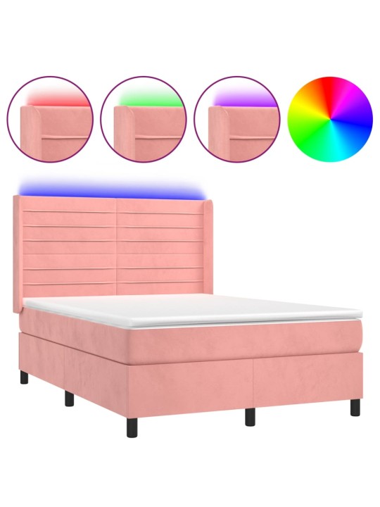 Box spring postel s matrací a led růžová 140x200 cm samet