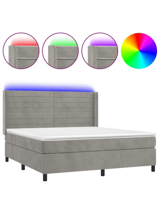 Box spring postel s matrací a LED světle šedá 180x200 cm samet