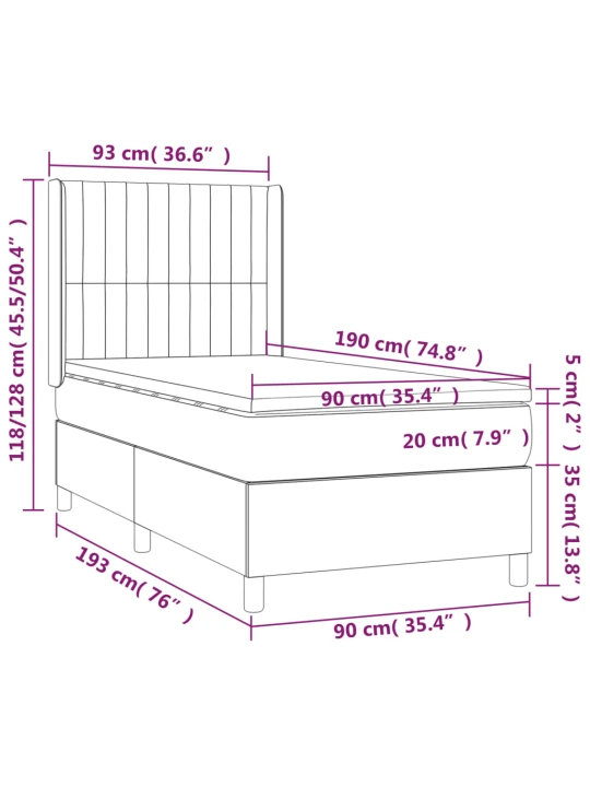 Box spring postel s matrací a LED světle šedá 90x190 cm samet
