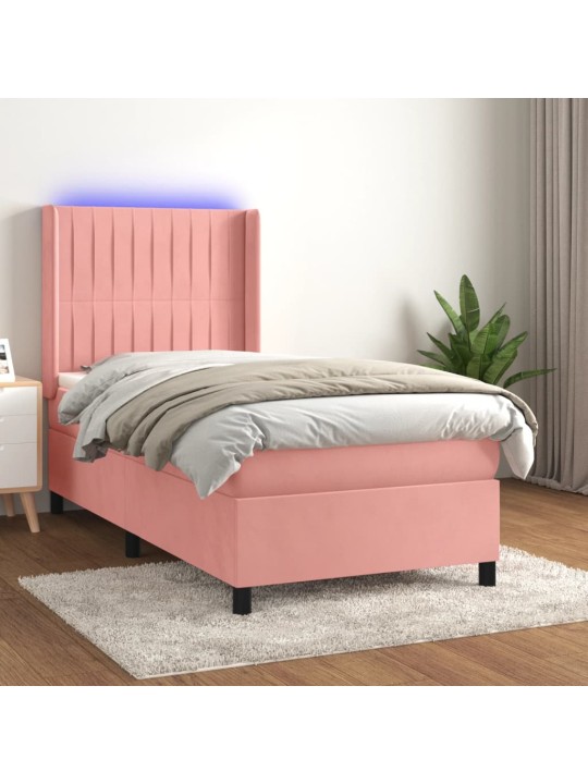 Box spring postel s matrací a LED růžová 90x200 cm samet