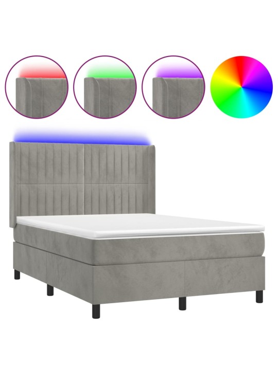 Box spring postel s matrací a LED světle šedá 140x190 cm samet