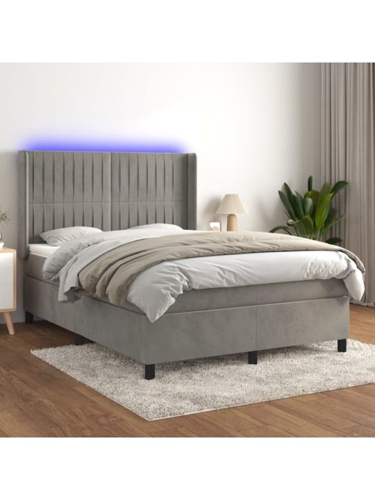 Box spring postel s matrací a LED světle šedá 140x190 cm samet