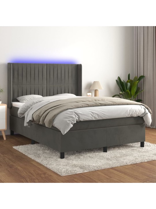 Box spring postel s matrací a LED tmavě šedá 140x190 cm samet