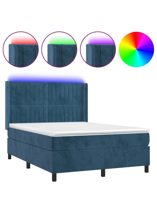 Box spring postel s matrací a led tmavě modrá 140x190 cm samet