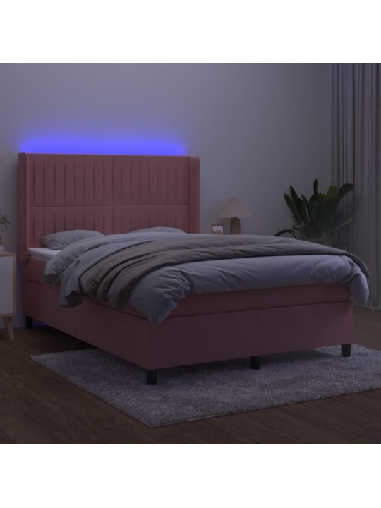Box spring postel s matrací a led růžová 140x190 cm samet
