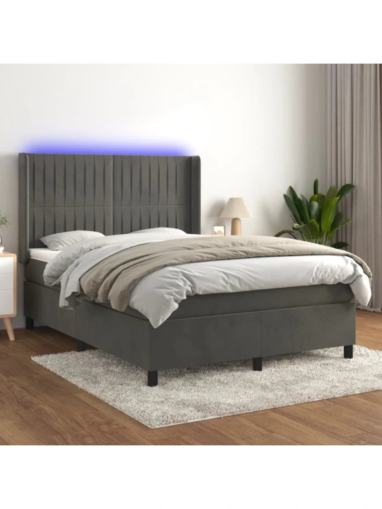 Box spring postel s matrací a LED tmavě šedá 140x200 cm samet