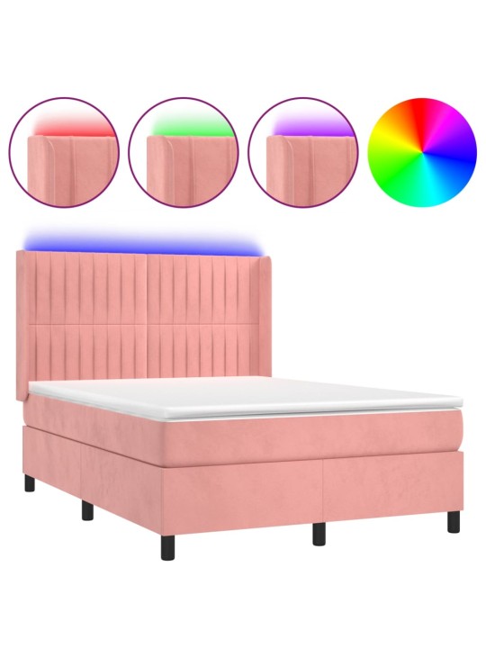 Box spring postel s matrací a led růžová 140x200 cm samet