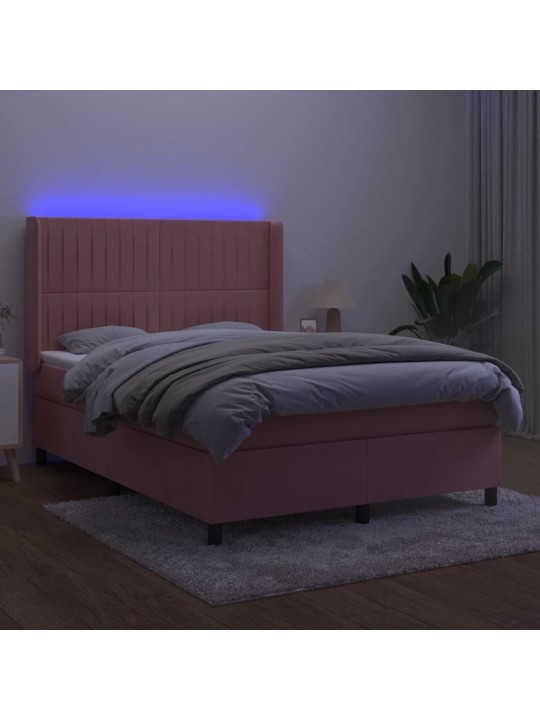Box spring postel s matrací a led růžová 140x200 cm samet