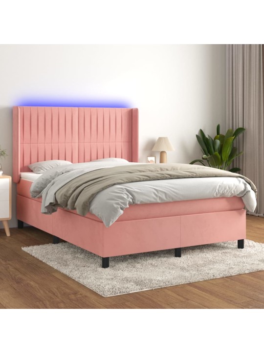 Box spring postel s matrací a led růžová 140x200 cm samet