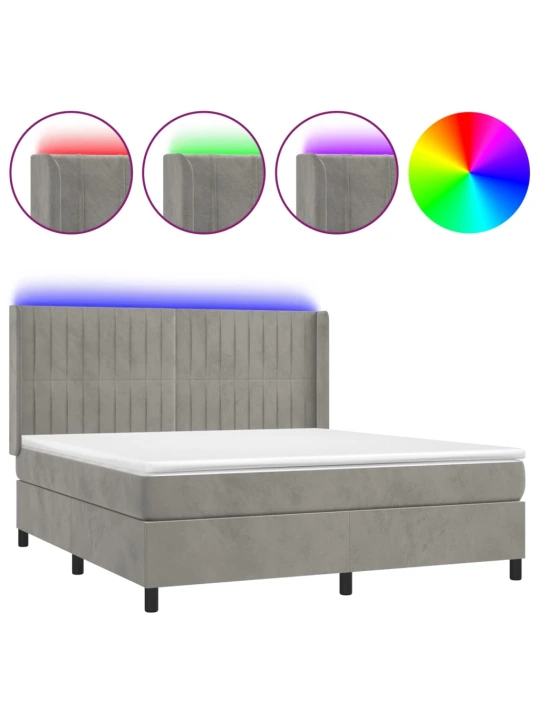 Box spring postel s matrací a LED světle šedá 160x200 cm samet