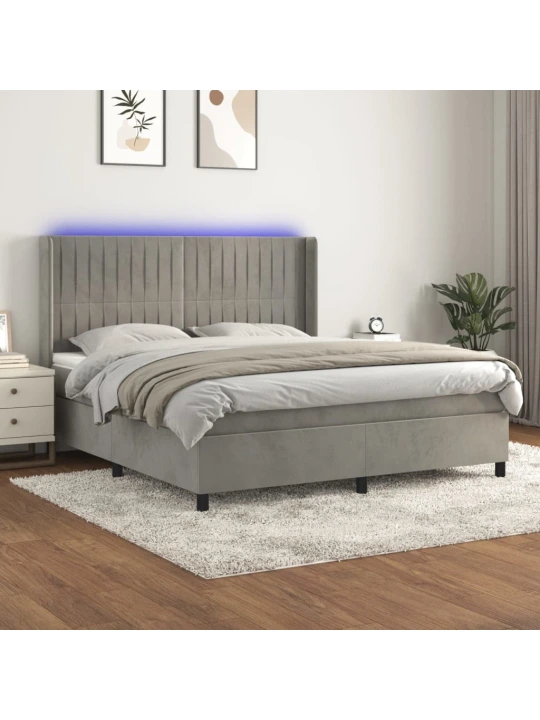 Box spring postel s matrací a LED světle šedá 160x200 cm samet
