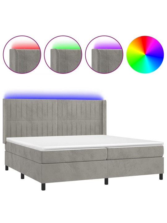 Box spring postel s matrací a LED světle šedá 200x200 cm samet