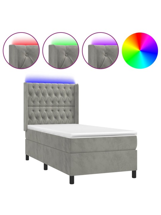 Box spring postel s matrací a LED světle šedá 90x190 cm samet