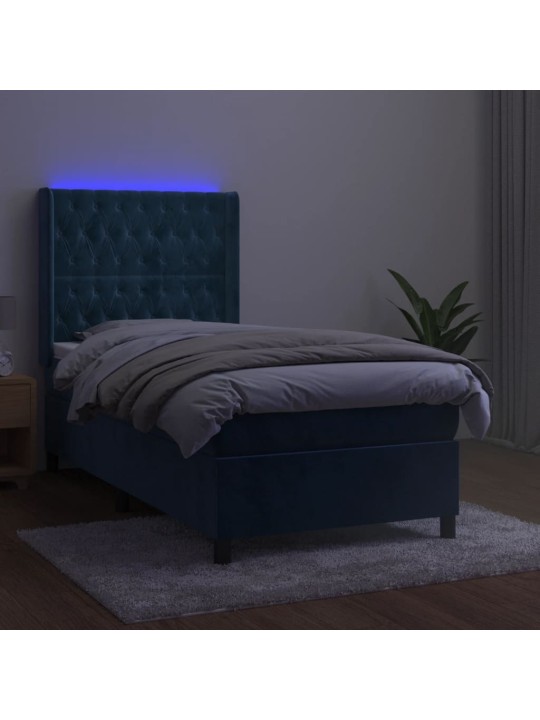 Box spring postel s matrací a led tmavě modrá 90x200 cm samet