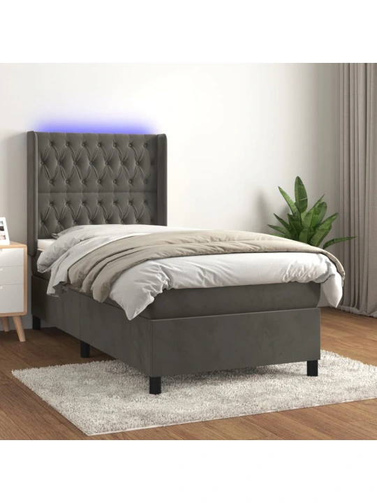 Box spring postel s matrací a LED tmavě šedá 100x200 cm samet