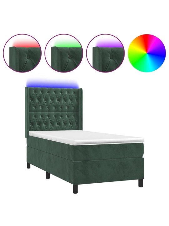 Box spring postel s matrací a LED tmavě zelená 100x200 cm samet
