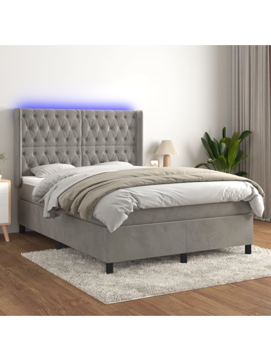 Box spring postel s matrací a led světle šedá 140x190 cm samet