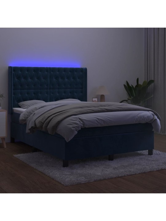 Box spring postel s matrací a led tmavě modrá 140x190 cm samet