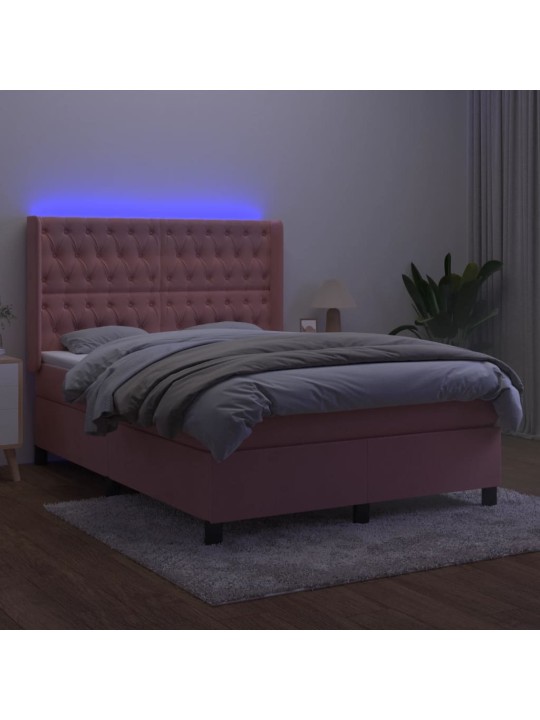 Box spring postel s matrací a led růžová 140x190 cm samet