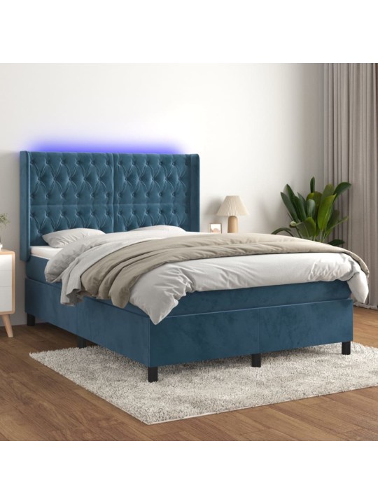 Box spring postel s matrací a led tmavě modrá 140x200 cm samet