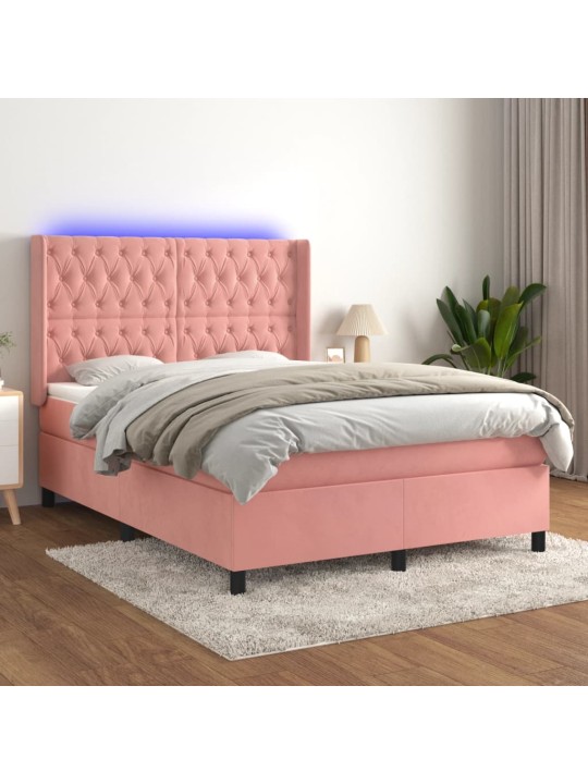 Box spring postel s matrací a led růžová 140x200 cm samet