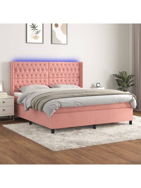 Box spring postel s matrací a led růžová 180x200 cm samet