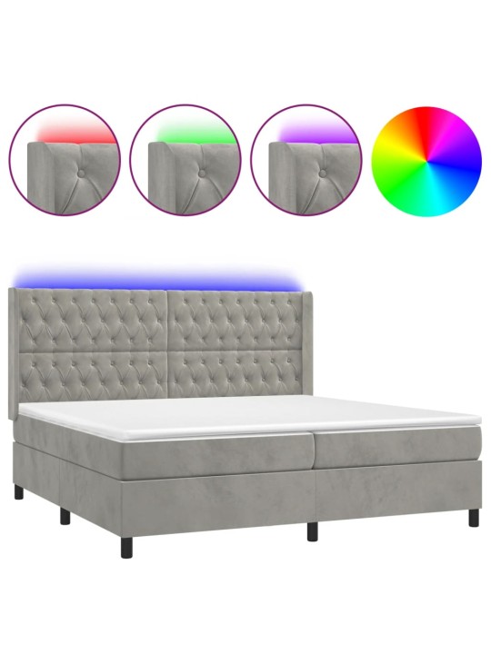 Box spring postel s matrací a LED světle šedá 200x200 cm samet