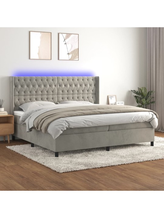 Box spring postel s matrací a LED světle šedá 200x200 cm samet