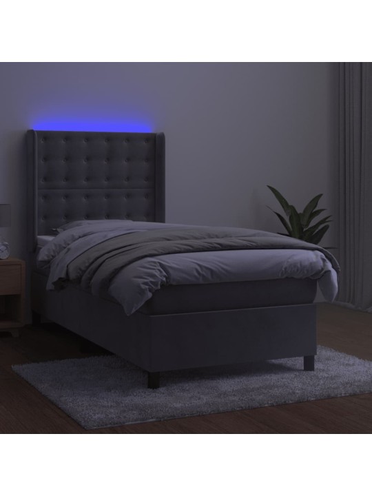 Box spring postel s matrací a LED světle šedá 90x200 cm samet