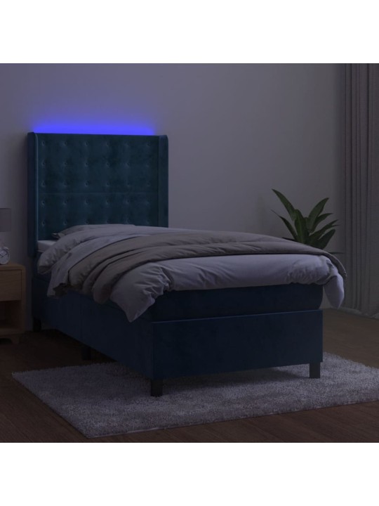 Box spring postel s matrací a led tmavě modrá 90x200 cm samet