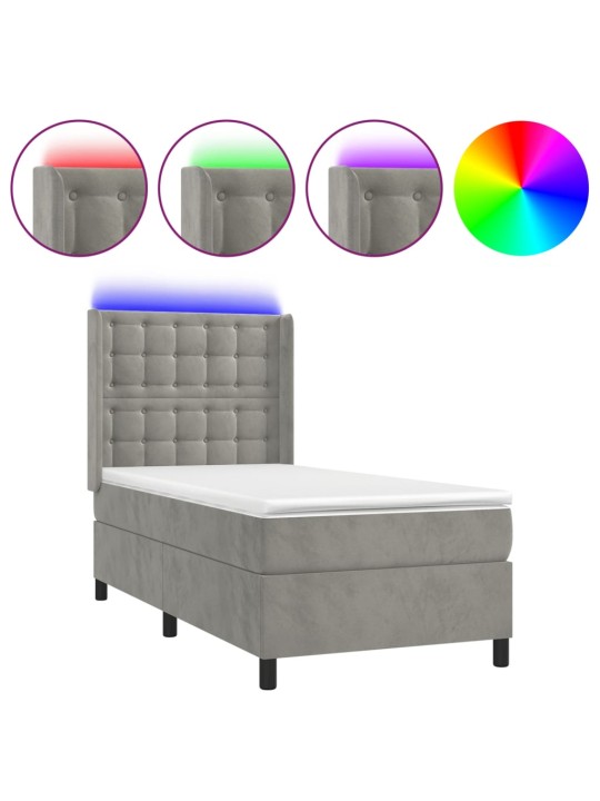Box spring postel s matrací a LED světle šedá 100x200 cm samet