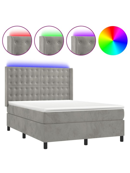 Box spring postel s matrací a LED světle šedá 140x190 cm samet