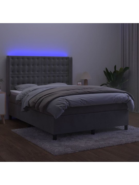 Box spring postel s matrací a LED světle šedá 140x190 cm samet