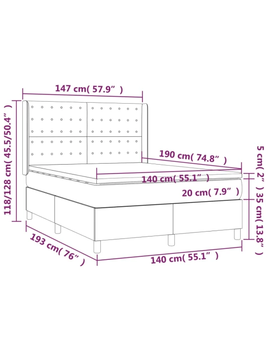 Box spring postel s matrací a LED světle šedá 140x190 cm samet