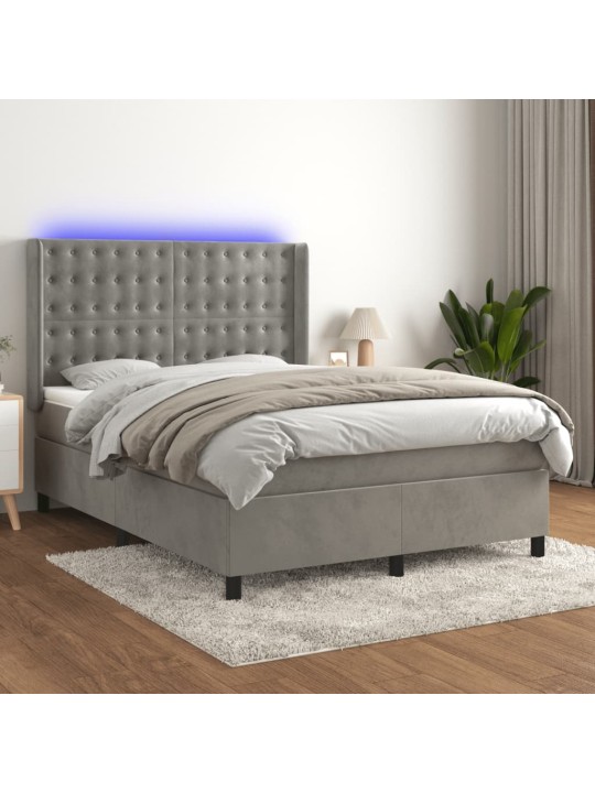 Box spring postel s matrací a LED světle šedá 140x190 cm samet